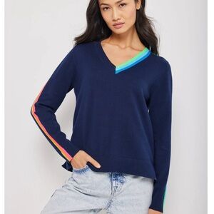 Lisa Todd Navy Vneck Sweater with Rainbow Stripes size XS